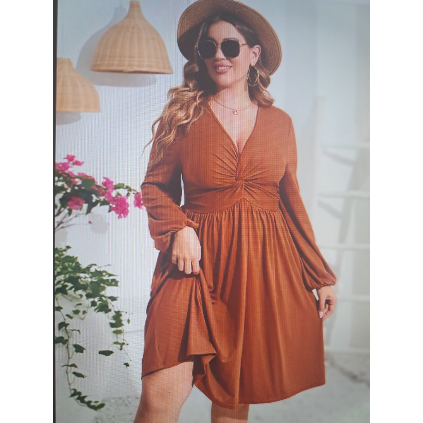 Elegant V-Neck Front Knotted Plus Size Dress for Women with Long Sleeves and Elastic Waist Fall Dress