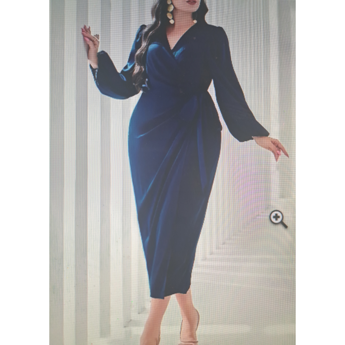 Plus Size Elegant Knot Detail Lantern Sleeve V-Neck Wrap Dress - 100% Polyester Solid Color Non-Stretch Woven Midi Dress for Spring/Fall